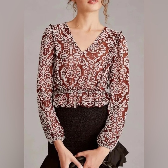 BY ANTHROPOLOGIE Jacquard Western Scroll Print Peplum Blouse in Maroon Burgundy - Picture 1 of 5